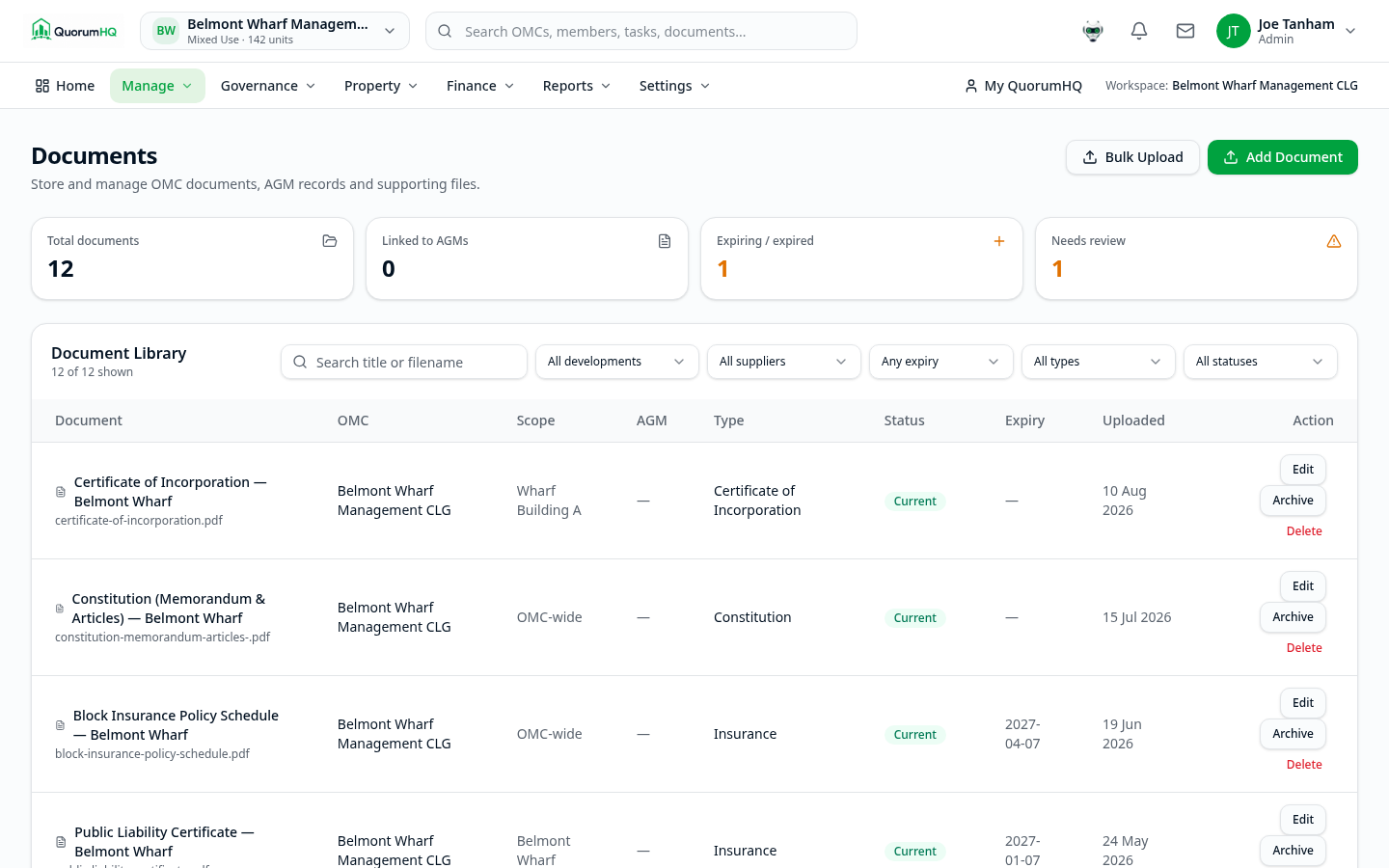 QuorumHQ Documents library with files organised against the OMC property hierarchy